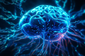 Aufkleber - A digital illustration of a brain with glowing, electric blue synapses, conveying the idea of electrical signals passing between neurons.  Generative AI technology..