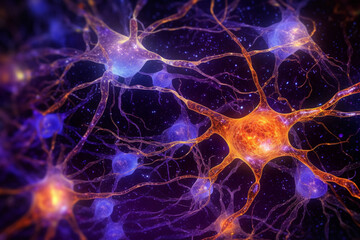 Leinwandbilder - A micrograph image of synapses in the brain, showing the tiny gaps between neurons where neurotransmitters are released.  Generative AI technology..