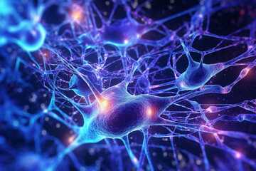 Leinwandbilder - An artistic representation of the brain's neural network, featuring a web of interconnected synapses in shades of blue and purple.  Generative AI technology..