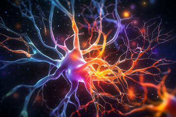 Leinwandbilder - A visualization of the brain's synaptic connections, with glowing, neon-colored synapses and a dark background. Generative AI technology..