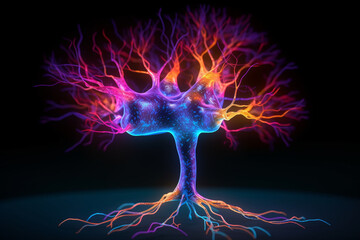 Leinwandbilder - A visualization of the brain's synaptic connections, with glowing, neon-colored synapses and a dark background. Generative AI technology..