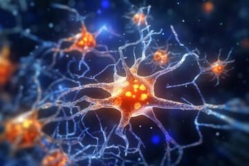 Leinwandbilder - A close-up image of a synapse with neurotransmitter molecules floating nearby, illustrating the process of chemical communication in the brain. Generative AI technology..