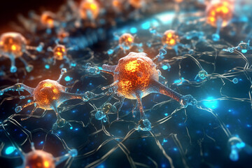 Leinwandbilder - A close-up image of a synapse with neurotransmitter molecules floating nearby, illustrating the process of chemical communication in the brain. Generative AI technology..