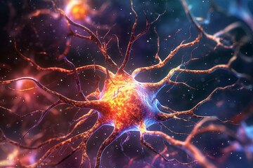 Leinwandbilder - A detailed illustration of a neuron with branching dendrites and numerous synapses, emphasizing the importance of these structures in neural communication. Generative AI technology..