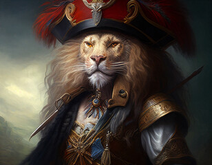 Canvas Print - Oil Painting of a Lion Dressed Like a Pirate | Generative AI