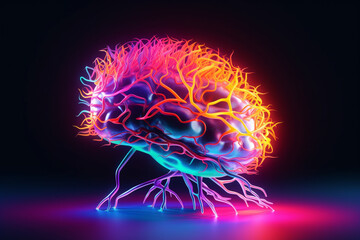 Leinwandbilder - An abstract image of the brain with glowing, neon-colored synapses, conveying the idea of electrical impulses passing through the brain. Generative AI technology..