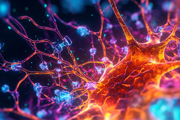 Wall Mural - A micrograph image of synapses in the brain, with a dark background and bright, vivid colors highlighting the intricate connections.  Generative AI technology..