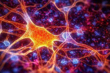 Aufkleber - A micrograph image of synapses in the brain, with a dark background and bright, vivid colors highlighting the intricate connections.  Generative AI technology..