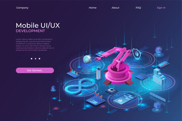Poster - DevOps. AI technology. Isometric UI UX factory landing page. Mobile phone and laptop connection. Assembling robot and glowing devices. Development process. Vector illustration concept