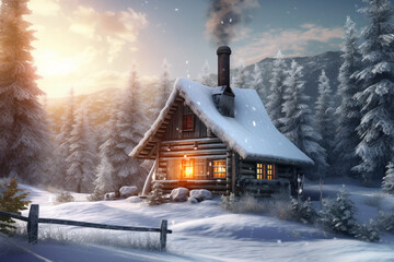 Poster - Snowy landscape with a cozy cabin and smoking chimney.  Generative AI technology..