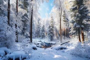 Poster - A winter forest with snow-covered trees and a blue sky.  Generative AI technology..