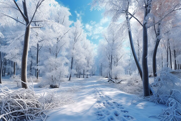 Poster - A winter forest with snow-covered trees and a blue sky.  Generative AI technology..