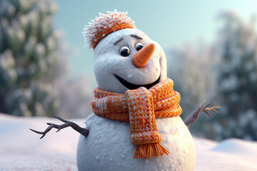 Poster - A snowman with a carrot nose and a scarf. Generative AI technology..