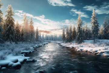 Poster - A frozen lake or river with snow-covered trees in the background. Generative AI technology..