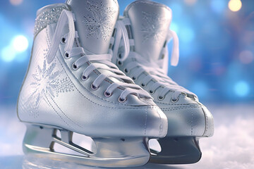 Poster - A close-up of a pair of ice skates with snowflakes in the background.  Generative AI technology..