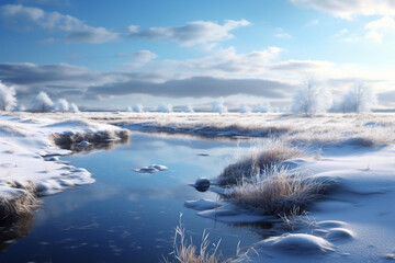 Poster - A winter landscape with a frozen pond and a blue sky with clouds. Generative AI technology..