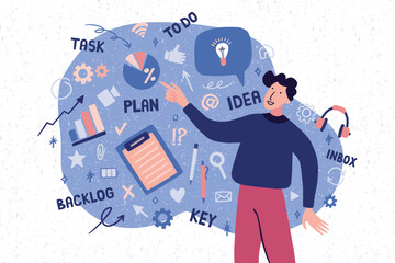 Aufkleber - Success business startup. Doodle person. Goal in work office. Presentation of project growth. Businessman showing plan infographic. Idea solution. Tasks management. Vector line concept