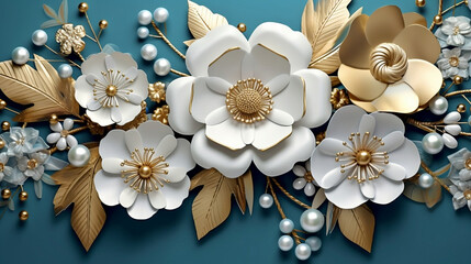 3d mural illustration white & blue background with golden jewelry and flowers, in black decorative wallpaper