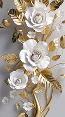 Wall Mural - 3d wallpaper floral tree background with white flower leaves and golden stem. interior wall home decor