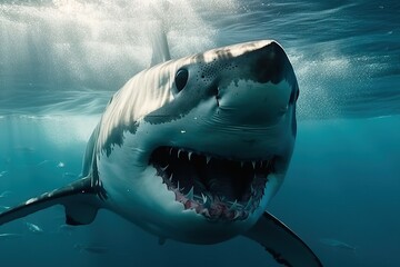 A shark with an open mouth swims underwater, generative AI.