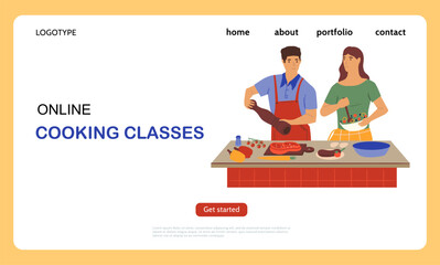 Poster - Cooking on kitchen. Online food preparation classes landing page. Culinary tutorial. Distance internet course. Man and woman preparing dinner. Education service. Vector website design