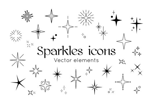 Wall Mural - Glitter sparkle icons. Star twinkle, shiny festive elements, modern magic spark, light or glow decoration, flare. Shimmer effect for decoration, shining lights. Vector geometric pictograms set