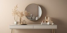 Empty Modern, Minimal Beige Dressing Table, Gold Handle Drawer Storage, Twig Glass Vase, Round Vanity Mirror In Cream Wall Bedroom In Sunlight For Luxury Beauty With Generative AI Technology