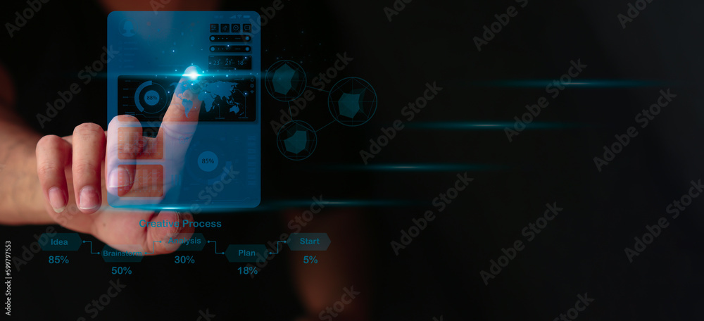 Human showing hologram dashboard icon graph robot icon world map shape ...