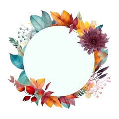 Canvas Print - watercolor autumn wreath with leaves and flowers on a white background. Generative Ai