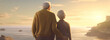 © PETR BABKIN - older man and woman holding hands while looking out at the ocean. Generative Ai