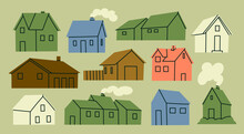 Set Of Various Small Tiny Houses. Paper Cut Cartoon Minimal Style. Flat Design. Hand Drawn Vector Illustration. Isolated Design Elements. Building, Sweet Home, Real Estate Concept