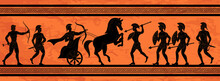 Mythology Battle. Greek Ornament. Ancient Mural. People Civilization. Myth On Ceramic Amphora. Warrior Or Hunting In Athens. Men With Bows And Spears. Vector Tidy Culture Background