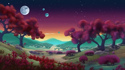 Wall Mural - a landscape of ruby trees and sapphire flowers and emerald fruits growing on a land composed of shin