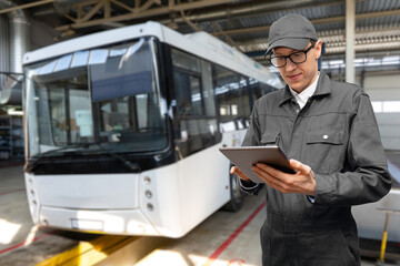 Poster - Serviceman with digital tablet on the background of the bus in the garage	