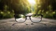 © Ameer - clear image of a road leading to a source of light behind an eyeglasses, with blur background, glasses on the road, wallpaper, Generative AI