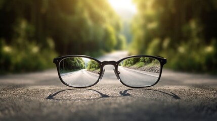 clear image of a road leading to a source of light behind an eyeglasses, with blur background, glasses on the road, wallpaper, Generative AI