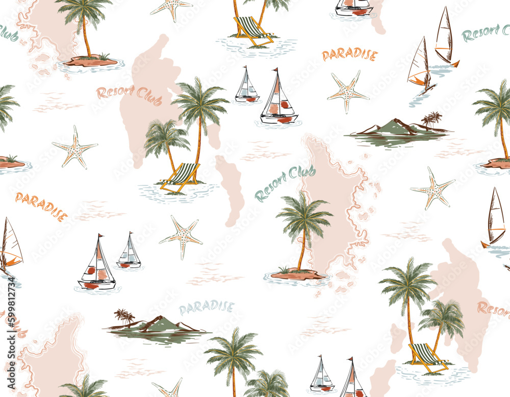 Hand Draw Summer Tropical Palm Tree Island Resort Seamless Pattern ...