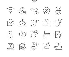 Poster - Wireless and wifi. Remote internet access. Wireless earphones. Laptop wifi. Pixel Perfect Vector Thin Line Icons. Simple Minimal Pictogram