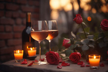 Roses And Wine In The Romantic Setting Bokeh Background Generative AI