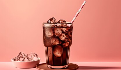 Wall Mural - Cola in a glass with ice and a straw, set against a pink background. Generative AI