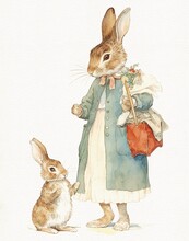 Watercolor Drawing Of A Happy Family Of Rabbit Mom And Baby In Vintage Clothes, Cartoon Rabbit