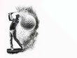 Golf sport player swing action and ball, monochrome drawing horizontal banner for tournament  with copy space on white. Generative AI illustration