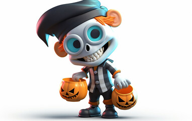 Energetic young skeleton dressed in trendy attire, holding two Halloween pumpkin buckets, showing off a mischievous grin, ready for some spooky fun.