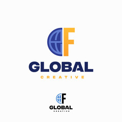 Wall Mural - Creative F Letter Globe Concept Logo Design Template, World Planet Logo designs template