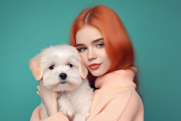 Wall Mural - young attractive woman hugging dog in hands, color trendy background. Generative AI