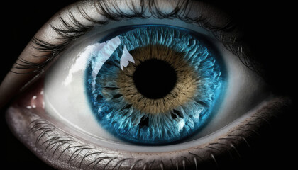 close up of a beautiful blue eye with yellow iris, Generative AI image