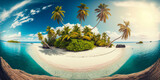 Fototapeta Sypialnia - Beautiful tropical island with palm trees and beach panorama as background image. Generative AI
