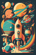Retro space odyssey poster, space, astronaut, planets and universe generative ai art print