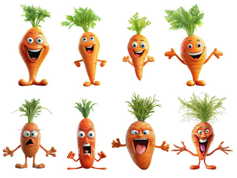 Carrots with smiling faces and angry faces on transparent background, Generative AI