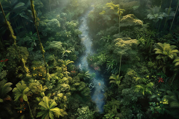 Wall Mural - Tropical green lush rainforest near amazon river, top drone view landscape